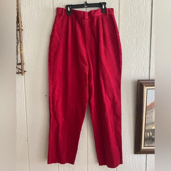 Vintage 80s/90s Women Charter Club Hi-Rise Red Ribbed Corduroy Pleated Pants 12 - Picture 7 of 9